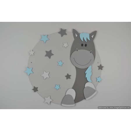 Paardje Flor op achterplaat (rond) met sterren - donkergrijs (naam optioneel) (60x60cm)